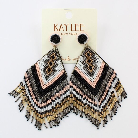 KAYLEE Seed Beaded Beautiful Fun Boho Black Pink Tribal Post Earrings Made ❤️ in - Picture 1 of 1